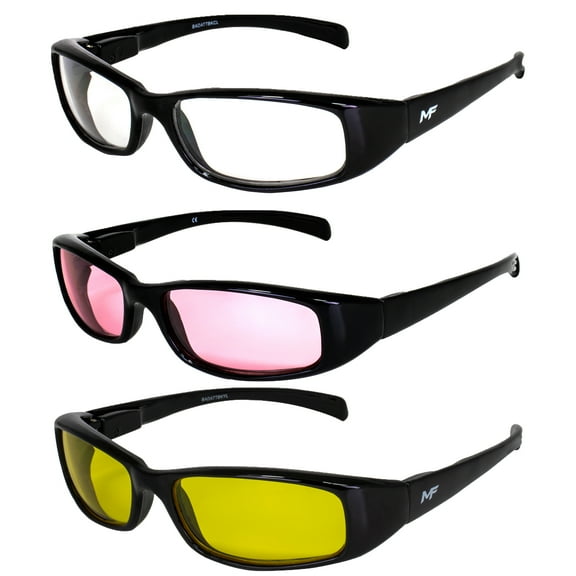 3 Pairs of MF Eyewear Bad Attitude Motorcycle Glasses Shatterproof Polycarbonate Black Frame UV400 Filter, Scratch-Resistant Motorcycle Riding Glasses Clear, Rose & Yellow Lenses