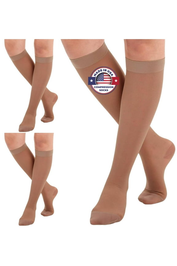 (3 Pairs) Made in USA - Compression Socks for Women 15-20mmHg - Beige, 3XL