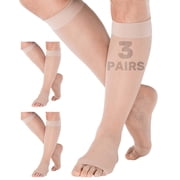 3 Pairs Made in USA Sheer Open Toe Women Compression Socks 15-20mmHg Nude Large