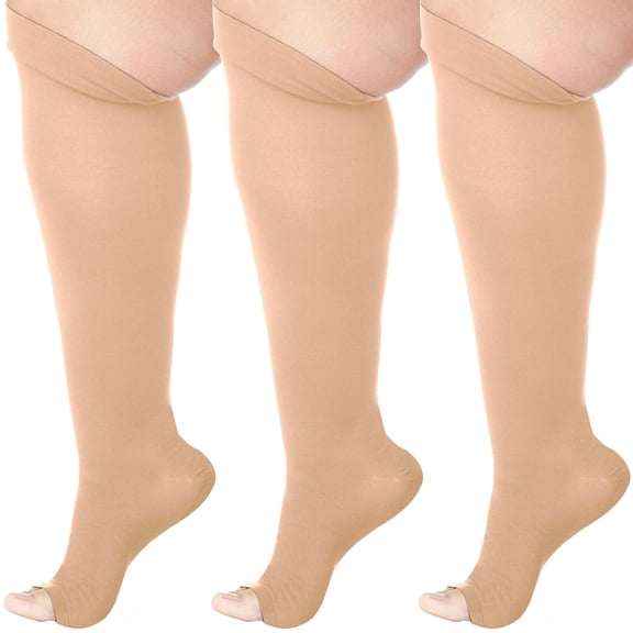 (3 Pairs)Made in USA - Open Toe Unisex Support Socks 15-20mmHg - Beige, XL
