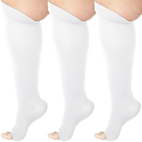 (3 Pairs)Made in USA - Open Toe Unisex Support Socks 15-20mmHg - White, XL
