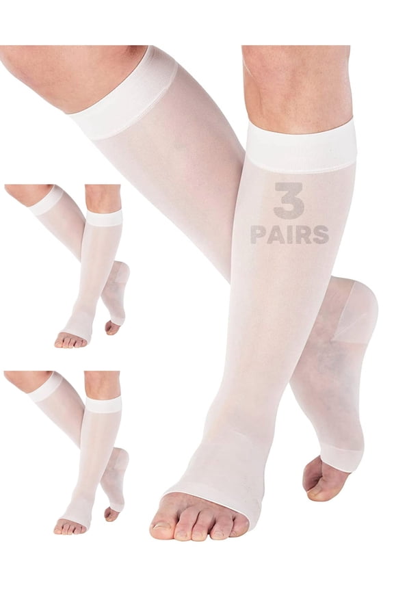 (3 Pairs) Made in USA Open Toe Support Socks for Women 15-20mmHg White, Medium