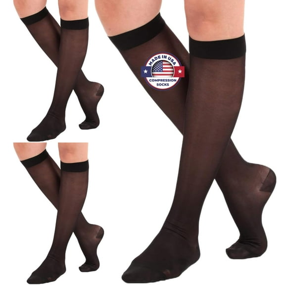 (3 Pairs) Made in USA - Womens Compression Socks 15-20mmHg - Black, Small