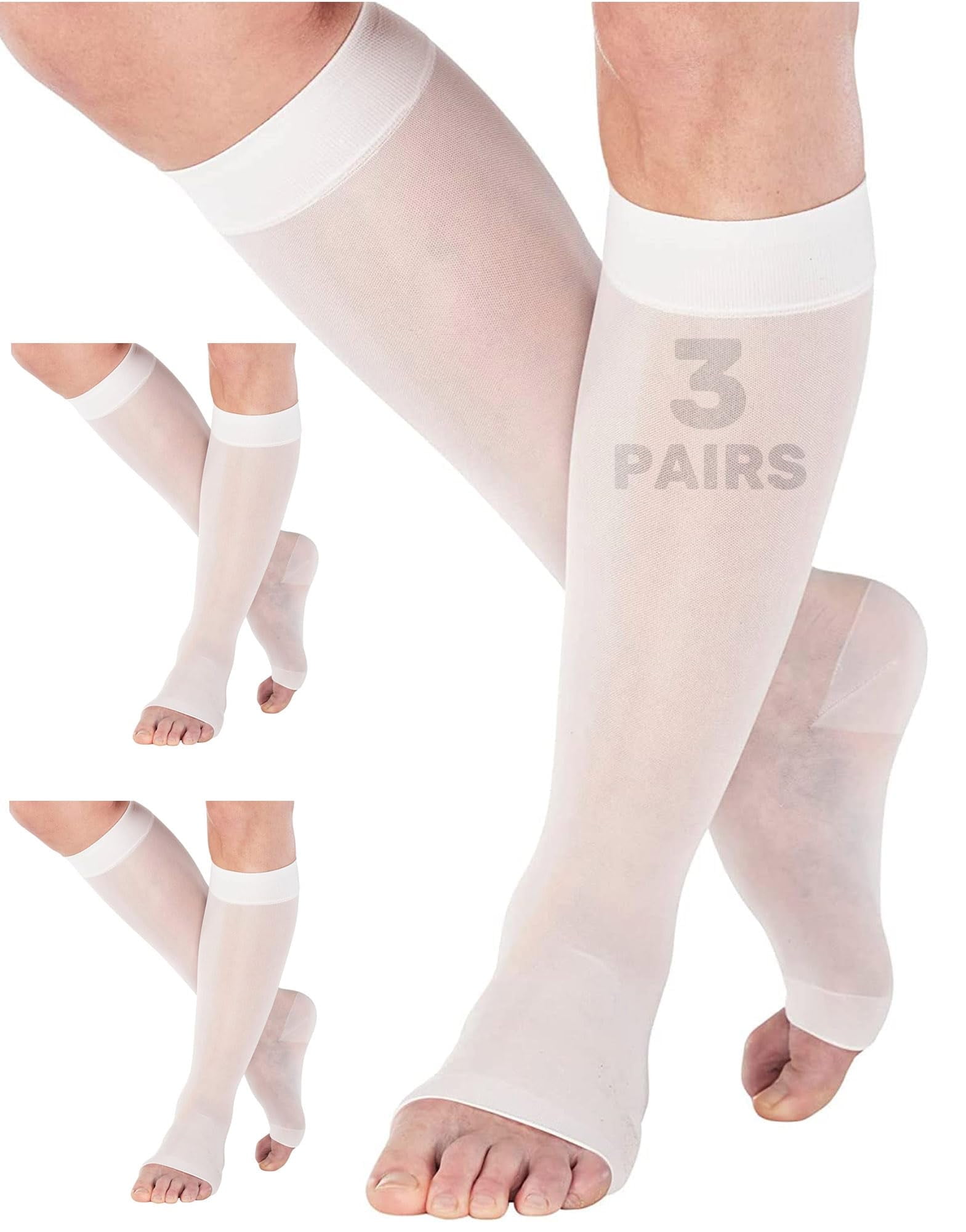 (3 Pairs) Made in USA - Toeless Women Compression Socks 15-20 mmHg White, Small
