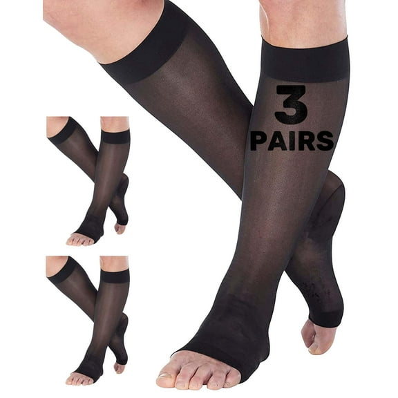 3 Pairs Made in USA Toeless Women Compression Stockings 15-20mmHg Black X-Large