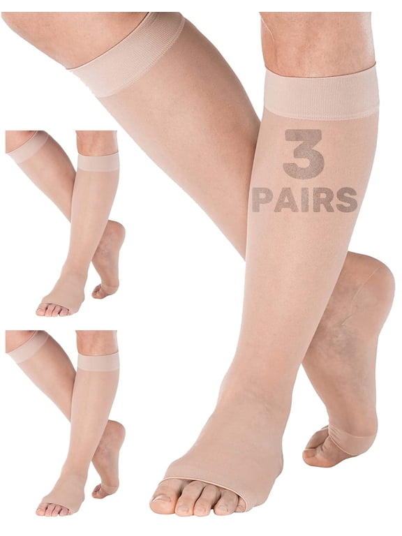 3 Pairs Made in USA Open Toe Women Compression Stockings 15-20mmHg Nude X-Large