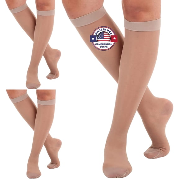 (3 Pairs) Made in USA - Womens Support Stockings 15-20mmHg - Nude, Large
