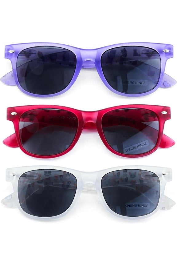 3 Pairs Matte Cat Print Classic Comfortable Reading SunGlasses Translucent Fun Tinted Reader UV Protection +225