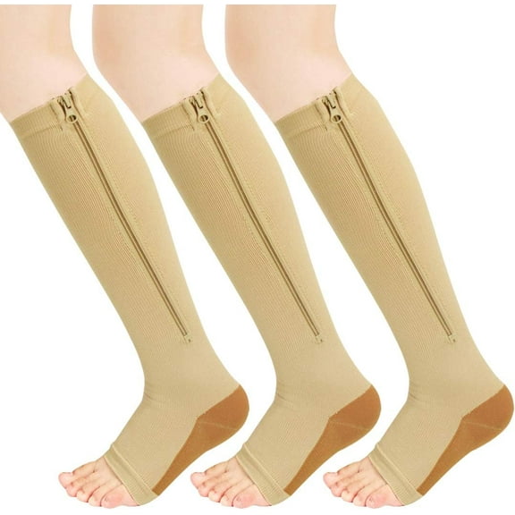 3 Pairs Medical Compression Socks with Zipper, Knee High 15-20 mmHg Compression Socks for Women Men, Open Toe Support Socks for Varicose Veins, Edema, Recovery, Nurse