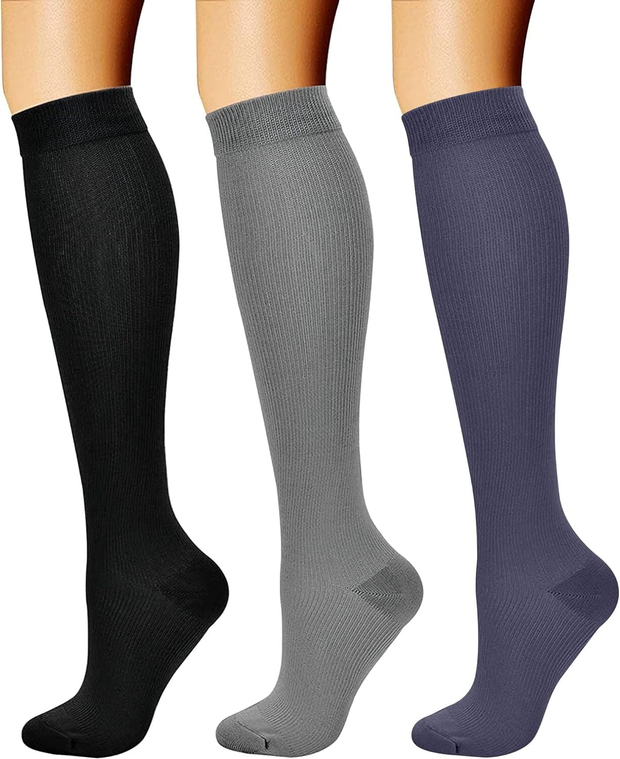 3 Pairs Medical Sport Compression Socks - 15-20mmhg Graduated Knee-High ...