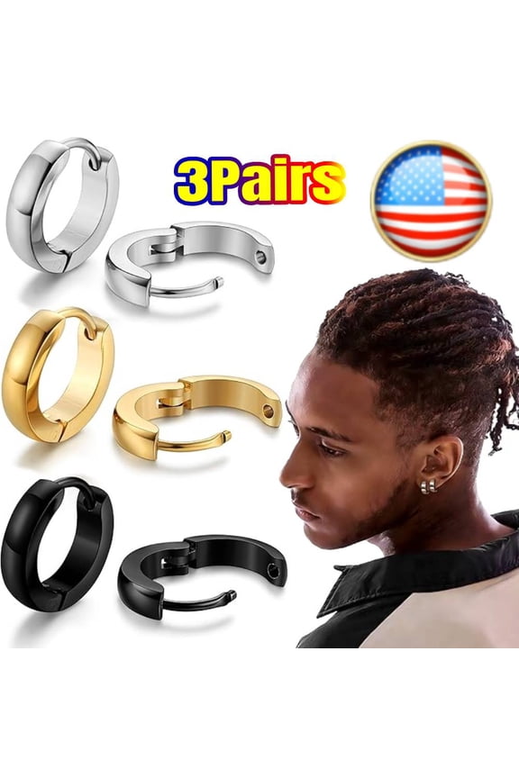 3 Pairs Men Earrings, Small Silver Hoop Earrings Men Women 316L Stainless-Steel Simple Round Hoop Earrings for Jewelry Gifts