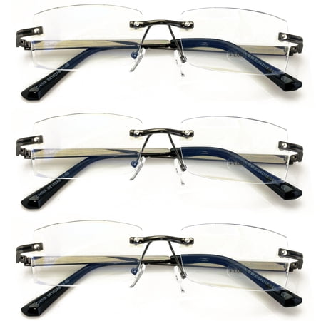 3 Pairs Men Full Rimless Reading Glasses Metal Frame- Rectangular Anti Blue Blocker UV Protection Reader with Daimond Cut Clear Lens 0.00