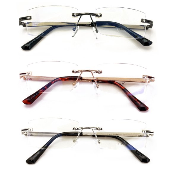 3 Pairs Men Full Rimless Reading Glasses Metal Frame- Rectangular Anti Blue Blocker UV Protection Reader with Daimond Cut Clear Lens 1.00