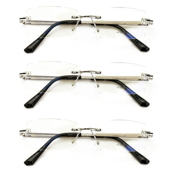 3 Pairs Men Full Rimless Reading Glasses Metal Frame- Rectangular Anti Blue Blocker UV Protection Reader with Daimond Cut Clear Lens 1.25