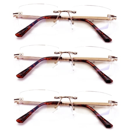 3 Pairs Men Full Rimless Reading Glasses Metal Frame- Rectangular Anti Blue Blocker UV Protection Reader with Daimond Cut Clear Lens 2.00
