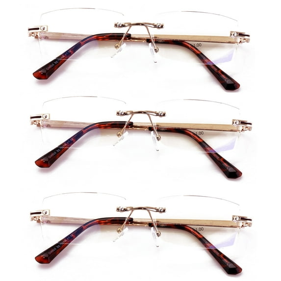 3 Pairs Men Full Rimless Reading Glasses Metal Frame- Rectangular Anti Blue Blocker UV Protection Reader with Daimond Cut Clear Lens 2.25