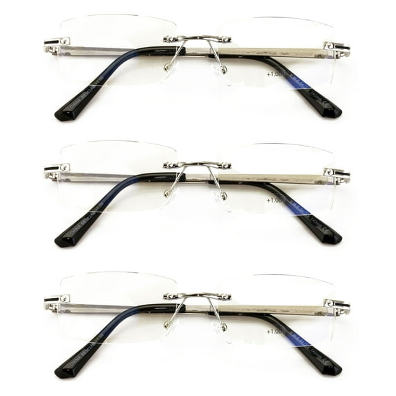 3 Pairs Men Full Rimless Reading Glasses Metal Frame- Rectangular Anti Blue Blocker UV Protection Reader with Daimond Cut Clear Lens 2.50