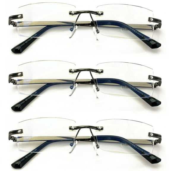 3 Pairs Men Full Rimless Reading Glasses Metal Frame- Rectangular Anti Blue Blocker UV Protection Reader with Daimond Cut Clear Lens 2.50