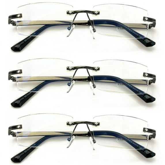 3 Pairs Men Full Rimless Reading Glasses Metal Frame- Rectangular Anti Blue Blocker UV Protection Reader with Daimond Cut Clear Lens 3.50