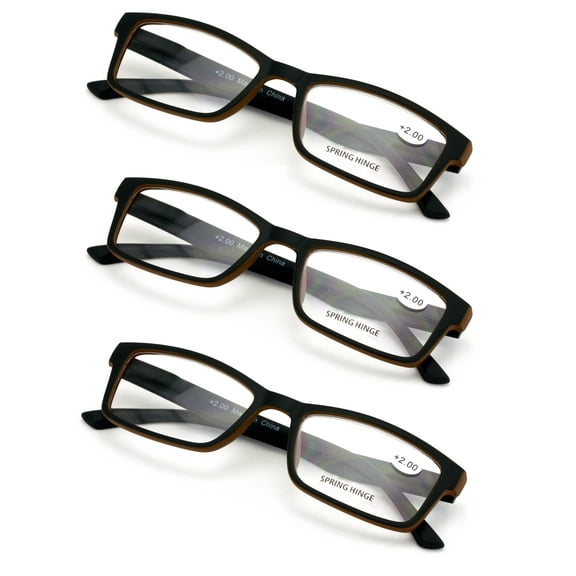 3 Pairs Men Lightweight Rectangular Unisex Readers with Spring Hinge - Soft Matte Rubberized Reading Glasses - Spring Hinge