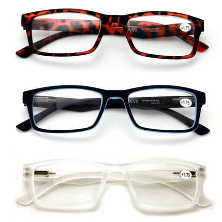 3 Pairs Men Lightweight Rectangular Unisex Readers with Spring Hinge - Soft Matte Rubberized Reading Glasses - Spring Hinge