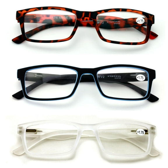 3 Pairs Men Lightweight Rectangular Unisex Readers with Spring Hinge - Soft Matte Rubberized Reading Glasses - Spring Hinge