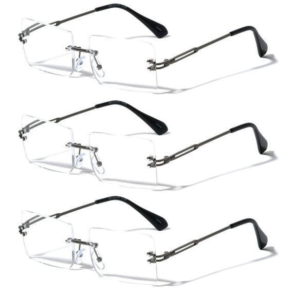 3 Pairs Men Modern Rectangular Full Rimless Reading Glasses - Classy Fashion Clear Lens Reader
