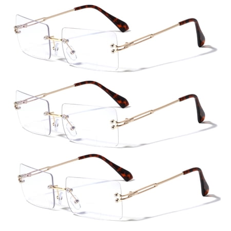 3 Pairs Men Modern Rectangular Full Rimless Reading Glasses - Classy Fashion Clear Lens Reader