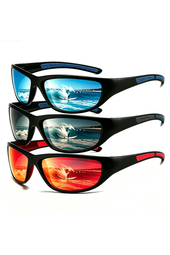 3 Pairs Men Outdoor Polarized Sunglasses,Wrap Around Anti-UV Cycling Eyeglasses,TR90 Full Frame Sports Nonslip Sunshades for Golf Surfing Running Climbing (Blue Black Red)