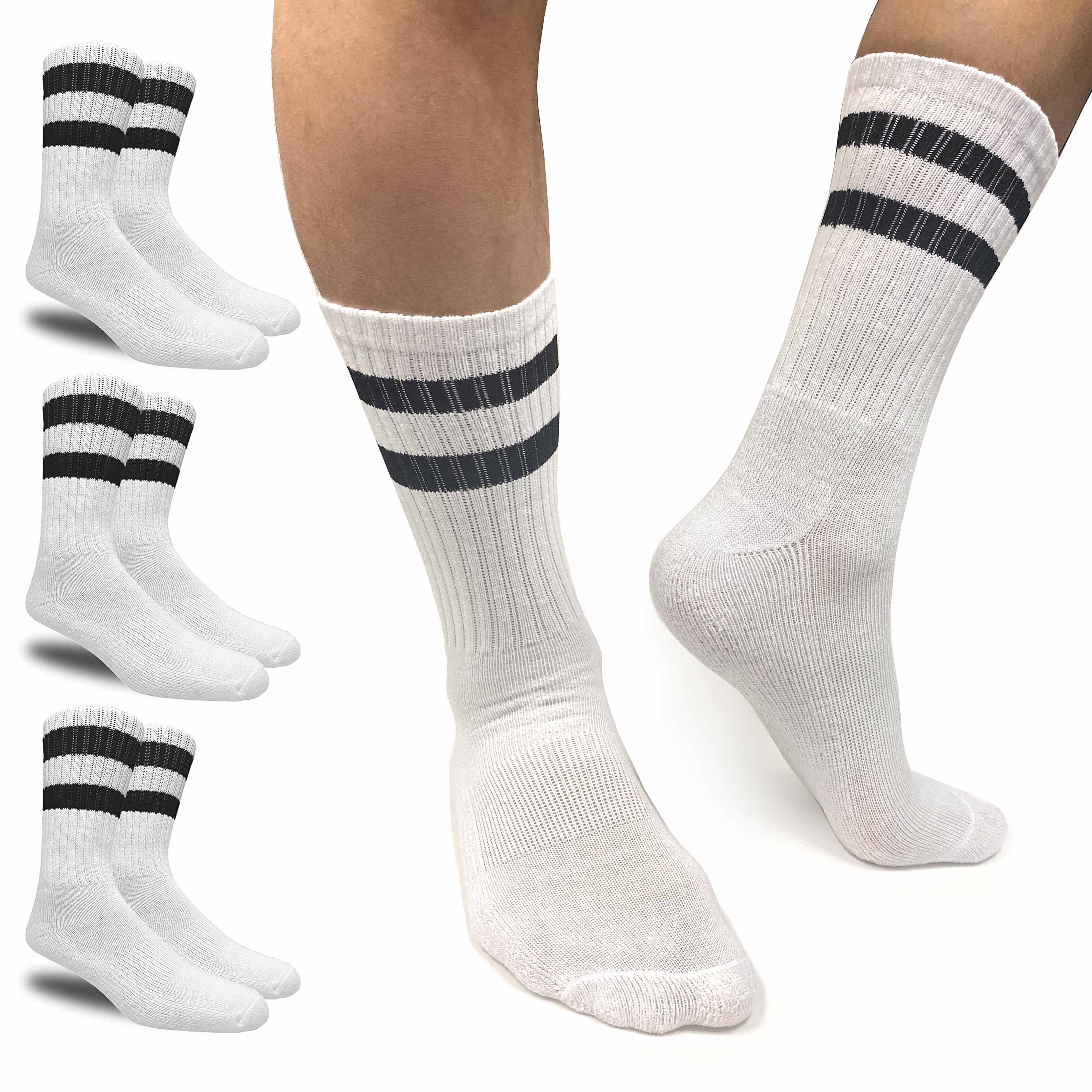 3 Pairs Men Stripe Tube Crew Socks Calf Retro Sport Athletic White