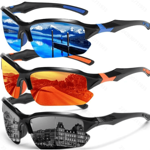 3 Pairs Men's Polarized Glasses(Blue Red Black),Half Frame Outdoor UV Protection Eyewears,Riding Wind Goggles Spectacles,Running Sunglasses for Women