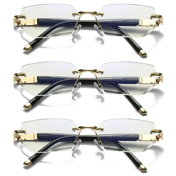 3 Pairs Mens Diamond Shape Rimless Blue Light Blocking Reading Glasses Metal Readers +0.75