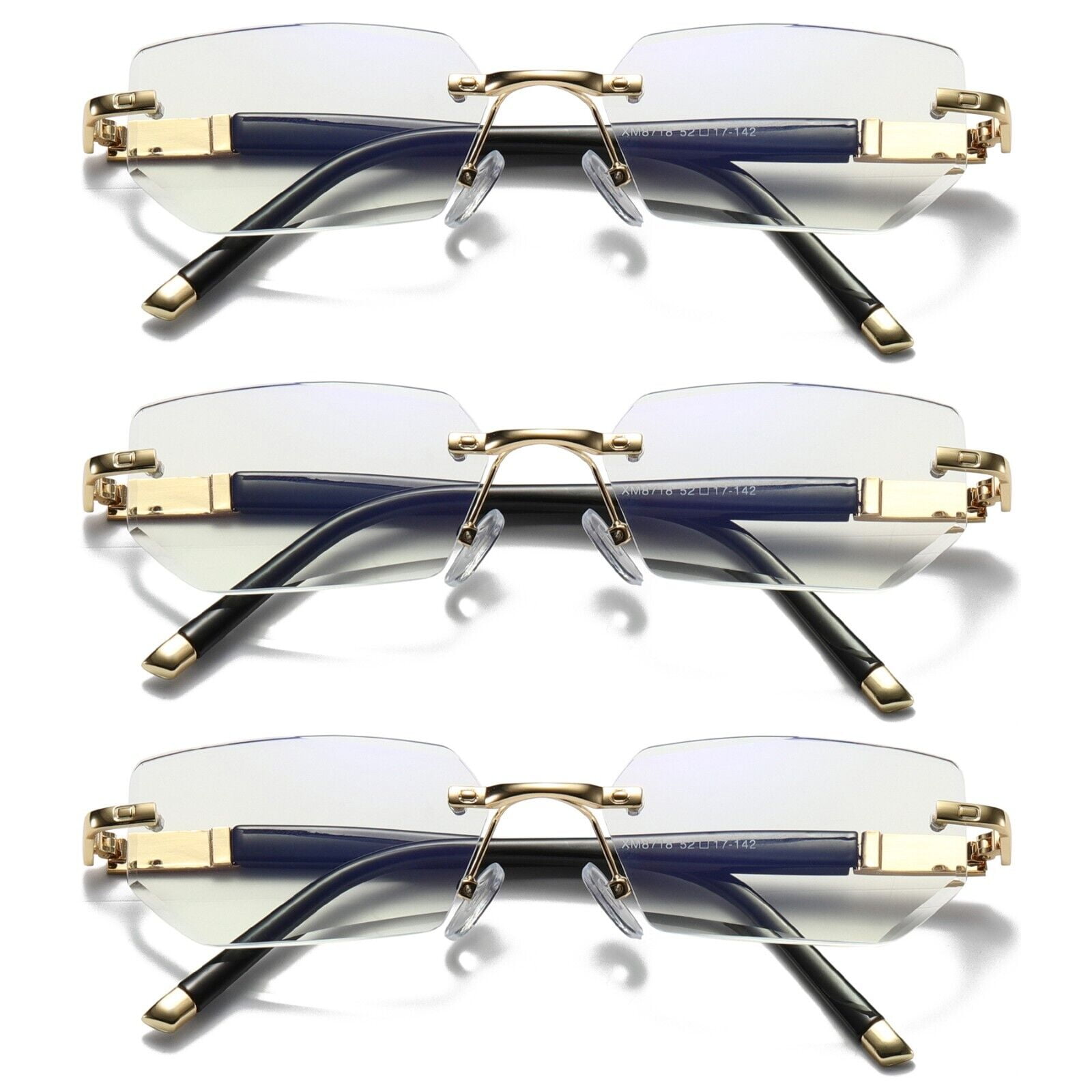 3 pairs mens diamond shape rimless blue light blocking reading glasses