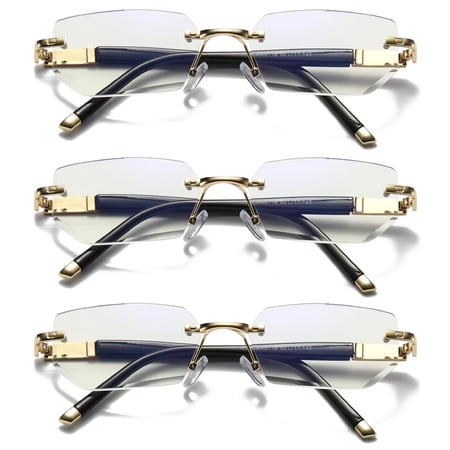 3 Pairs Mens Diamond Shape Rimless Blue Light Blocking Reading Glasses Metal Readers +2.50