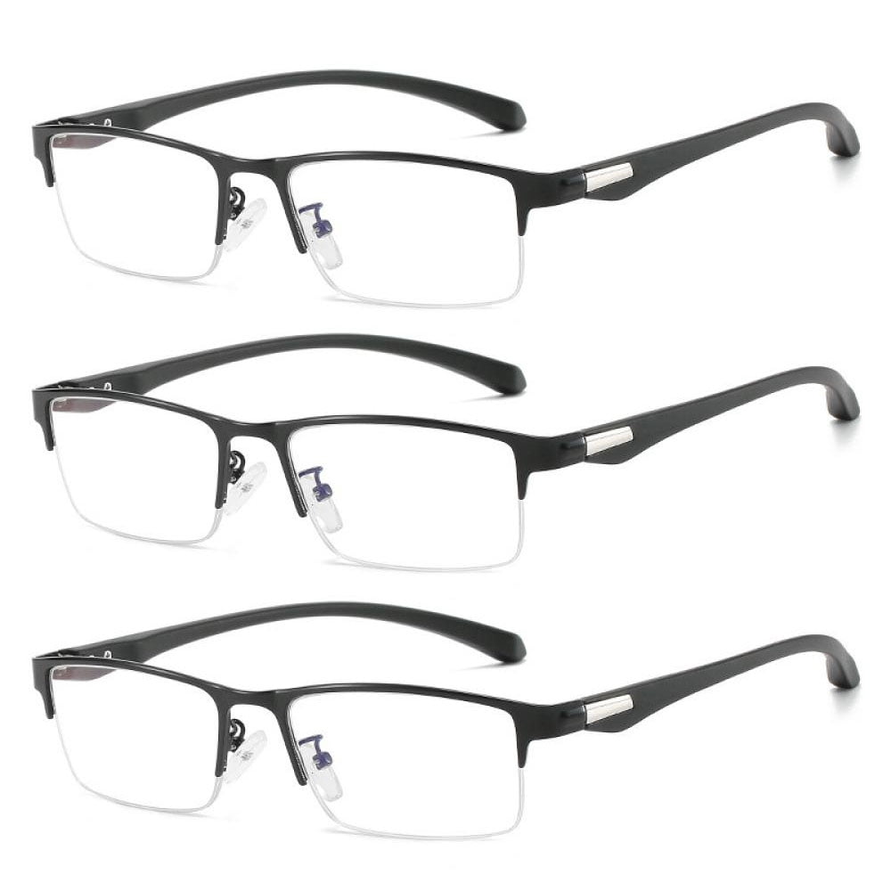 3 Pairs Mens Fashion Blue Light Blocking Half Rimless Reading Glasses 1.0, Metal Black Spring Hinge Business Rectangle Readers +1.00