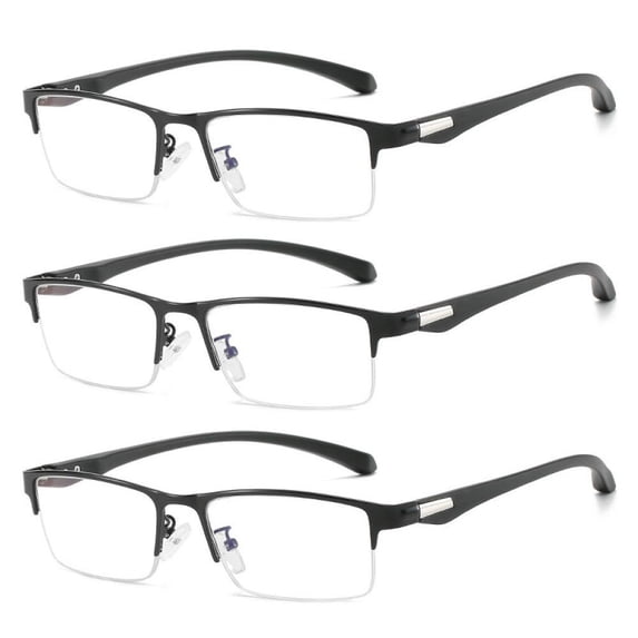 3 Pairs Mens Fashion Blue Light Blocking Half Rimless Reading Glasses 2.0, Metal Black Spring Hinge Business Rectangle Readers +2.00