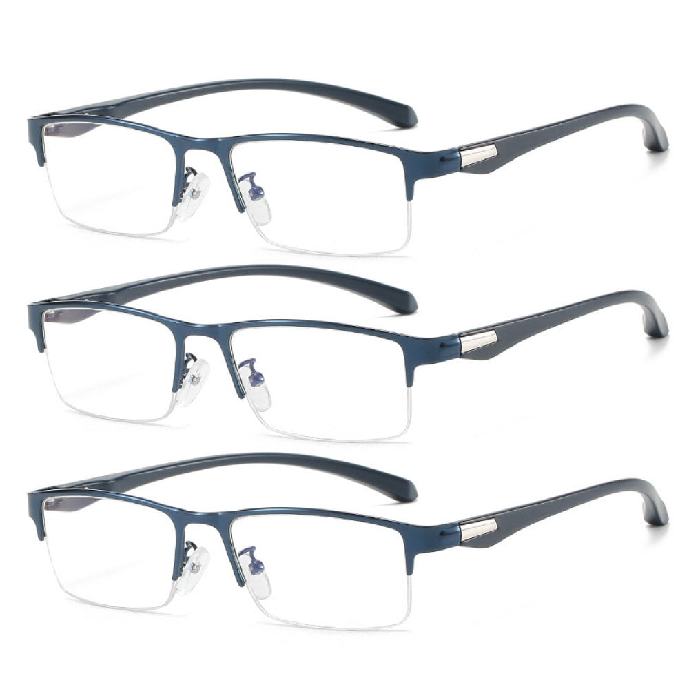 3 Pairs Mens Fashion Blue Light Blocking Half Rimless Reading Glasses 2.0, Metal Blue Spring Hinge Business Rectangle Readers +2.00