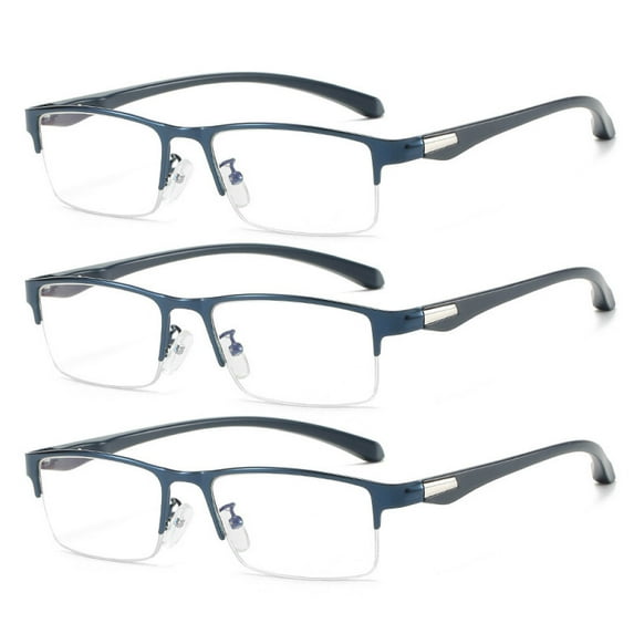 3 Pairs Mens Fashion Blue Light Blocking Half Rimless Reading Glasses 2.0, Metal Blue Spring Hinge Business Rectangle Readers +2.00