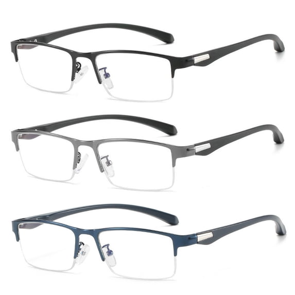 3 Pairs Mens Fashion Blue Light Blocking Half Rimless Reading Glasses 2.0, Metal Spring Hinge Business Rectangle Readers +2.00