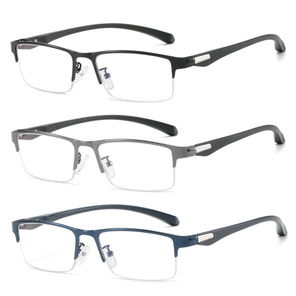 3 Pairs Mens Fashion Blue Light Blocking Half Rimless Reading Glasses 2.5, Metal Spring Hinge Business Rectangle Readers +2.50