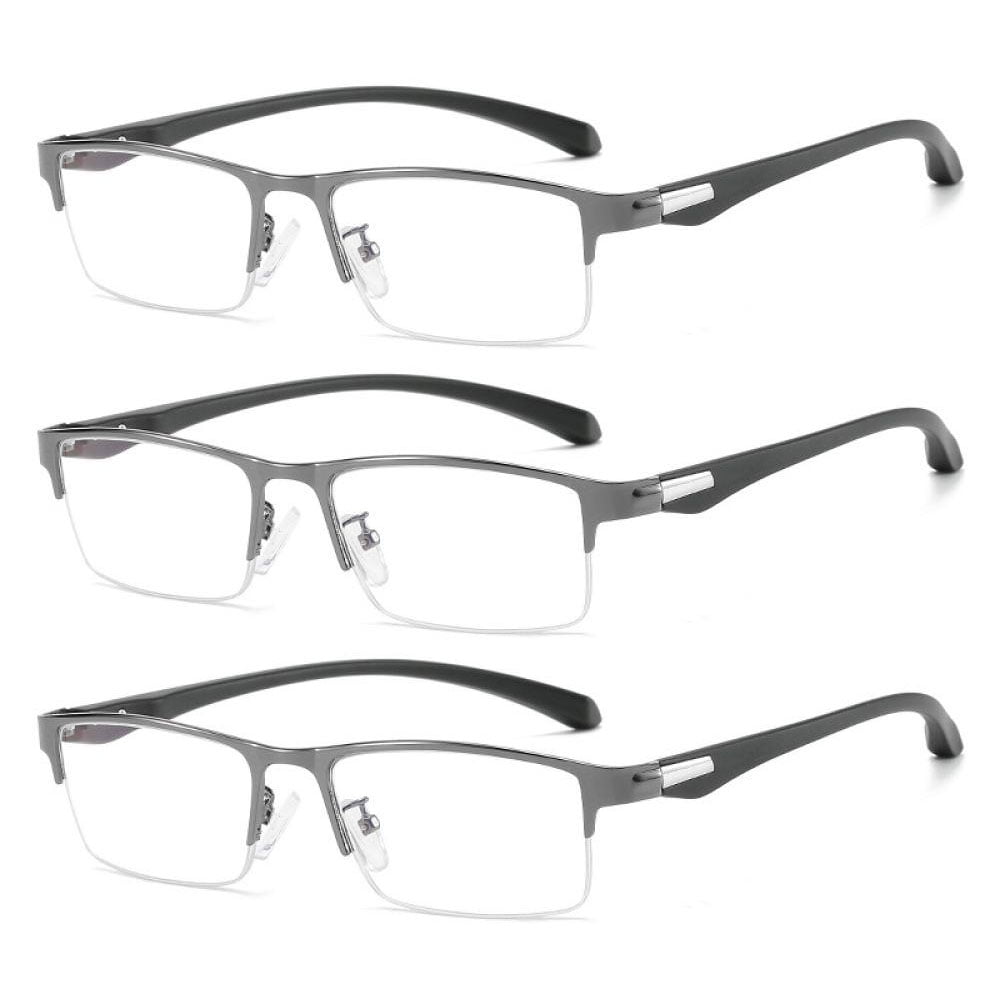 3 Pairs Mens Fashion Blue Light Blocking Half Rimless Reading Glasses 3.5, Metal Gunmetal Spring Hinge Business Rectangle Readers +3.50
