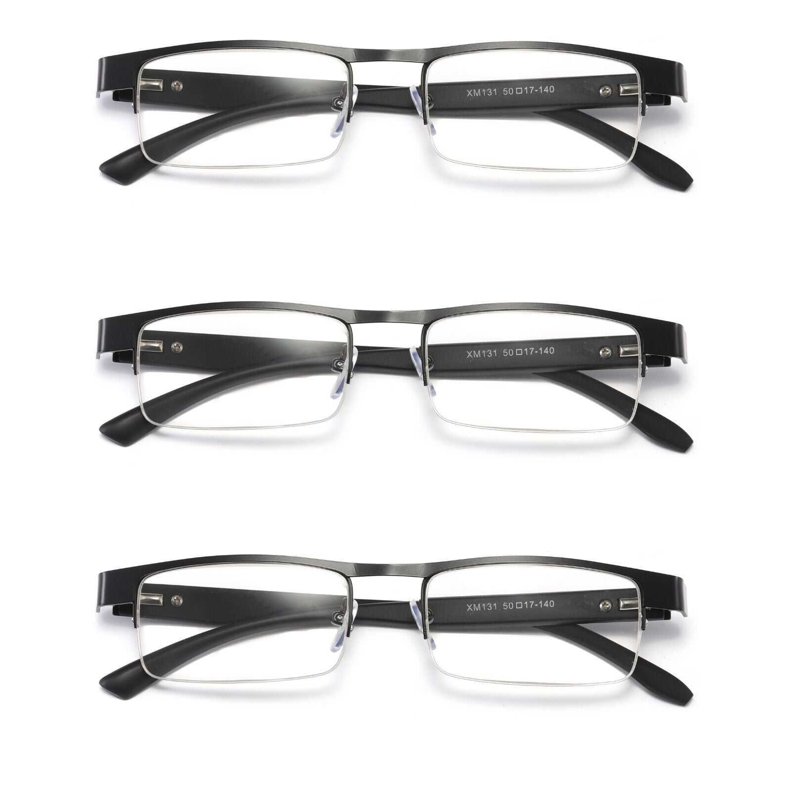 3 Pairs Mens Rectangular Metal Half Frame Reading Glasses Spring Hinge Black Readers 0 75
