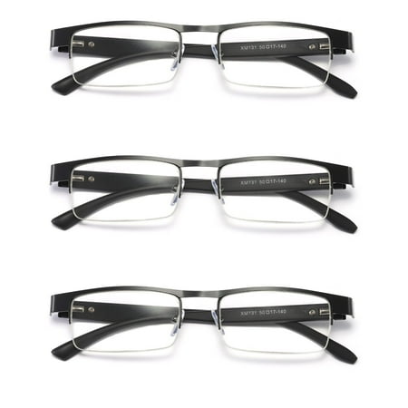 3 Pairs Mens Rectangular Metal Half Frame Reading Glasses Spring Hinge Black Readers +3.50
