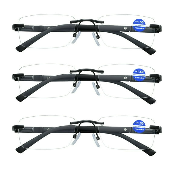 3 Pairs Mens Rectangular Rimless Blue Light Blocking Reading Glasses Spring Hinge Readers +1.00