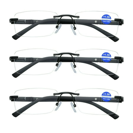 3 Pairs Mens Rectangular Rimless Blue Light Blocking Reading Glasses Spring Hinge Readers +4.00
