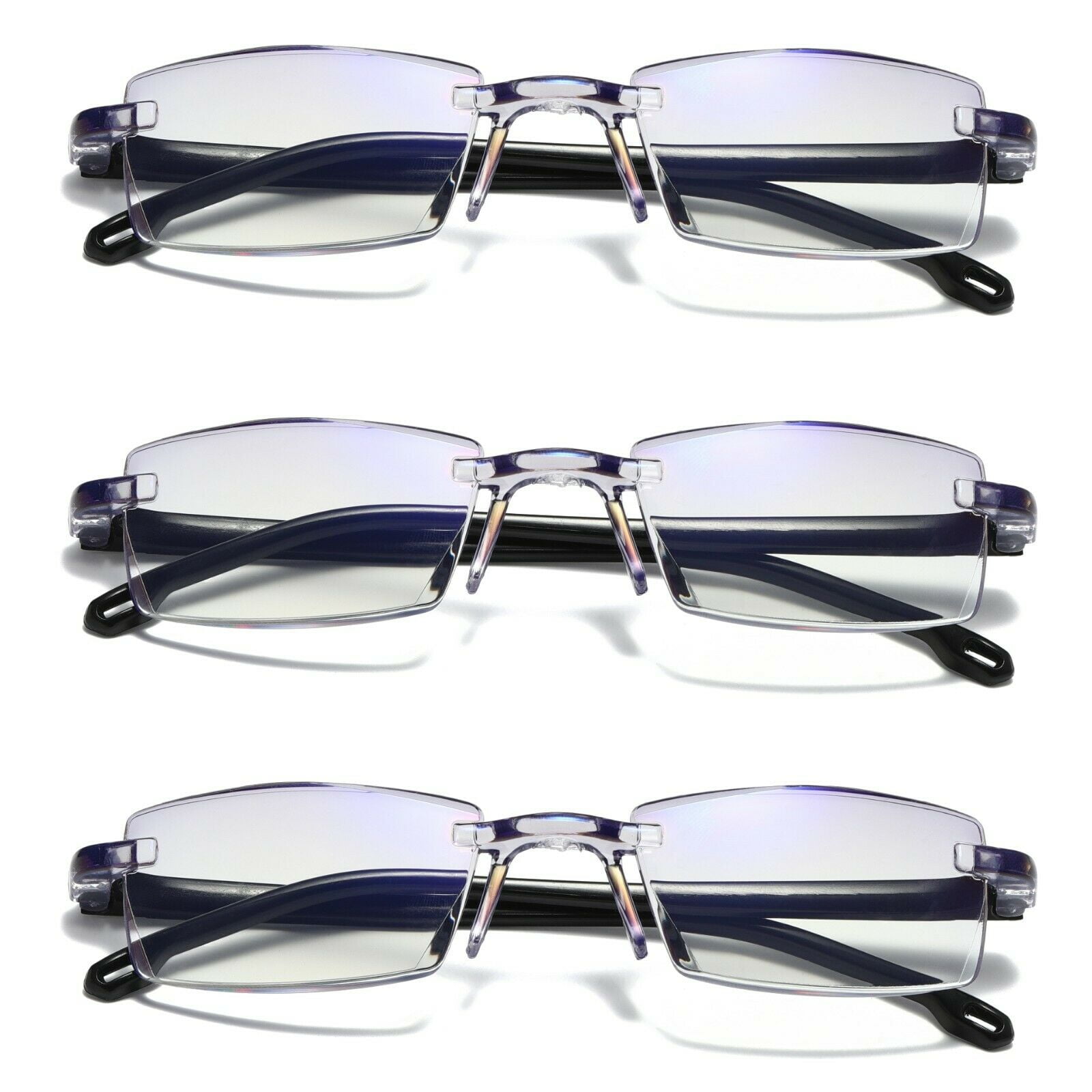 3 Pairs Mens Rectangular Rimless Blue Light Blocking Reading Glasses