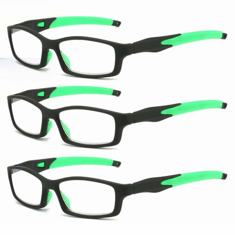 3 Pairs Mens Rimmed Sporty Rectangle Reading Glasses +1.0, Womens Blue Light Blocking Plastic Green Sport Spring Hinge Readers 1.00, Fashion Presbyopia glasses +100 strength