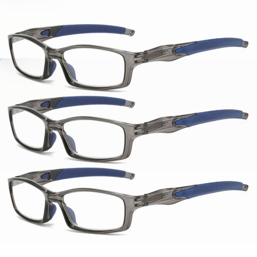 3 Pairs Mens Rimmed Sporty Rectangle Reading Glasses +3.0, Womens Blue Light Blocking Plastic Gray Sport Spring Hinge Readers 3.00, Fashion Presbyopia glasses +300 strength