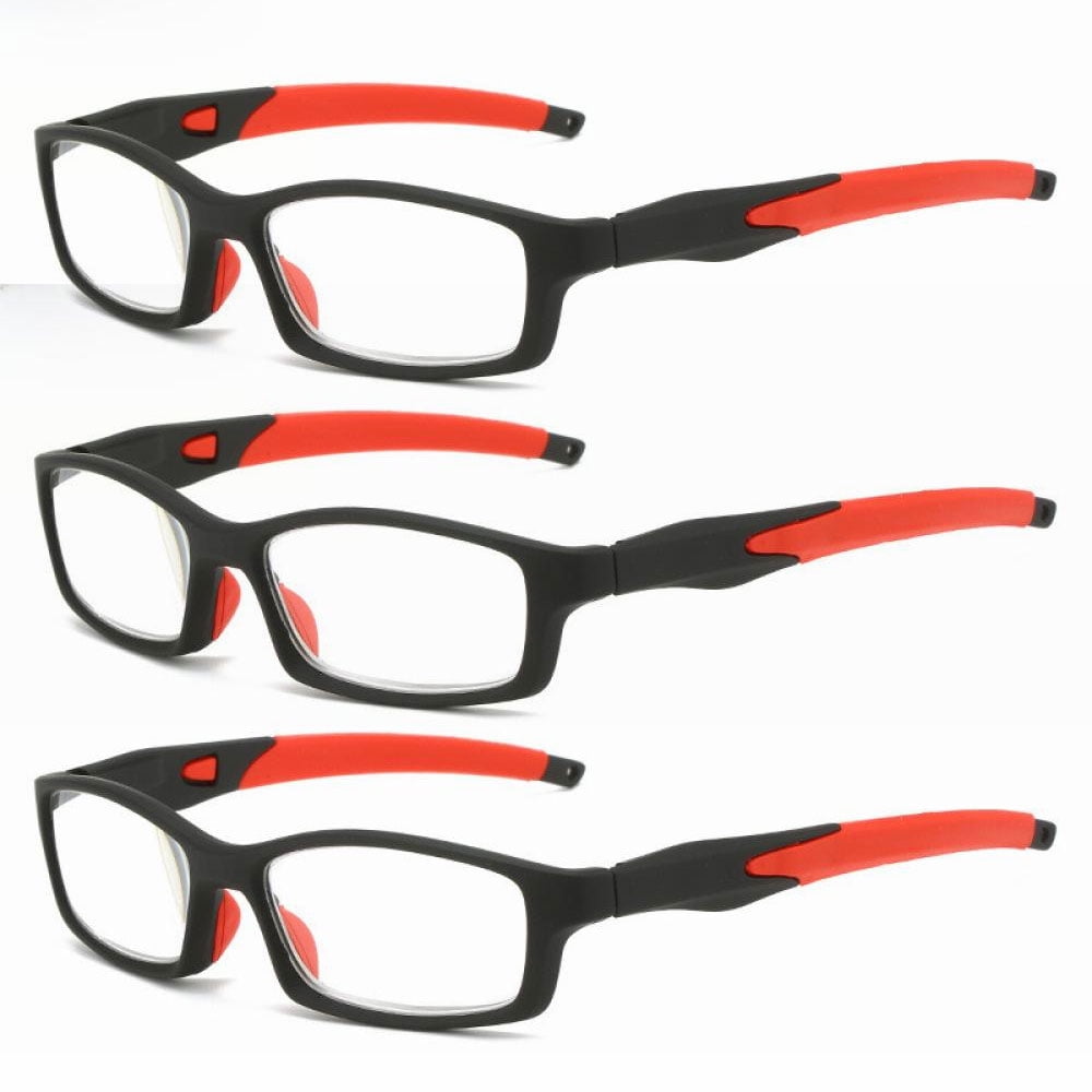 3 Pairs Mens Rimmed Sporty Rectangle Reading Glasses +3.0, Womens Blue Light Blocking Plastic Red Sport Spring Hinge Readers 3.00, Fashion Presbyopia glasses +300 strength