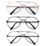 3 Pairs Metal Aviator Reading Glasses - Spring Hinge Tear Drop Clear Lens Reader +2.50